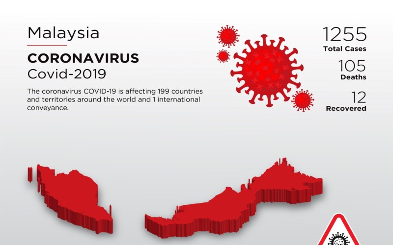 Malajzia érintett ország 3D térképe a koronavírus arculati sablonról