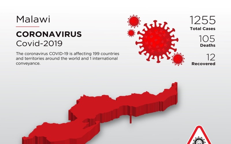 Mapa 3D kraju dotkniętego chorobą w Malawi, szablon tożsamości korporacyjnej koronawirusa