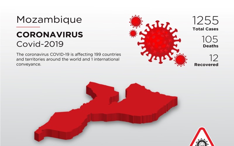 Mozambik érintett ország 3D térképe a koronavírus arculati sablonról