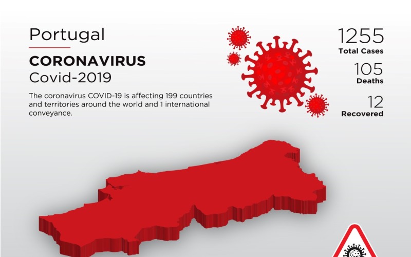 葡萄牙受影响国家的冠状病毒企业标识模板的3D地图