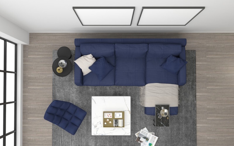 Draufsicht Wohnzimmer Blaues Sofa Produktmodell