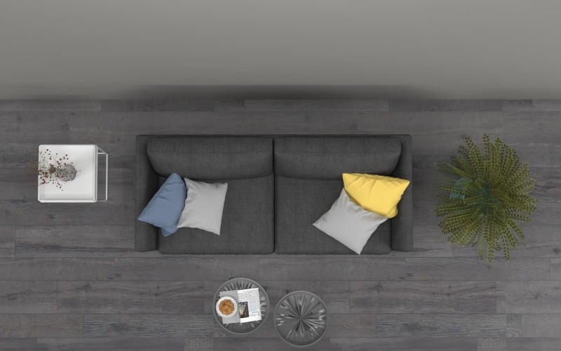 Mockup del prodotto 3 divano grigio scuro soggiorno vista dall'alto