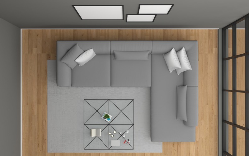 Mockup del prodotto del divano grigio cielo del soggiorno con vista dall'alto