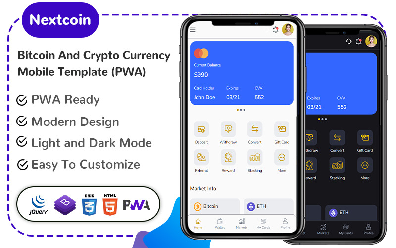 Nextcoin – Bitcoin és kriptovaluta mobil sablon (PWA)