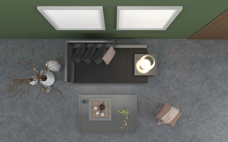 Вид сверху гостиной с черным диваном и макет продукта