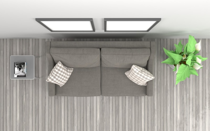 Mockup del prodotto 2 divano grigio soggiorno vista dall'alto
