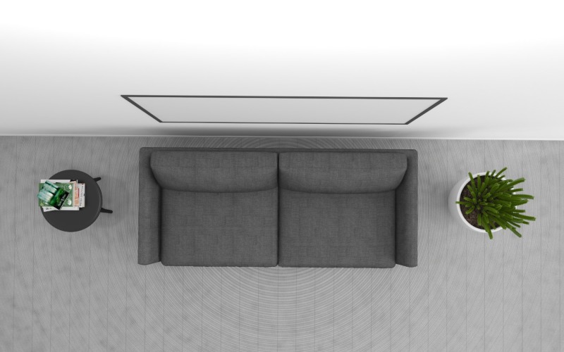 Mockup del prodotto 5 divano grigio soggiorno vista dall'alto