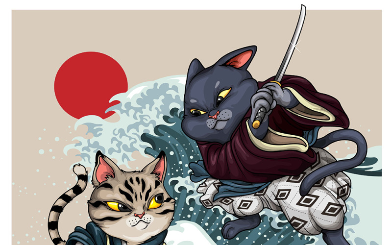 Ilustración de dibujos animados de gatos samurai