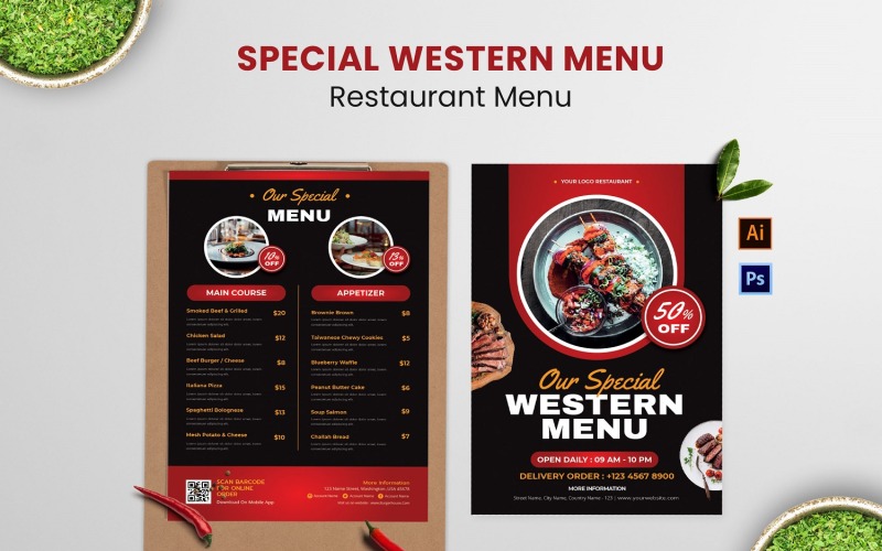 Menu du restaurant de cuisine occidentale