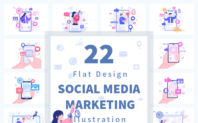22 Соціальні медіа маркетинг плоских ілюстрація