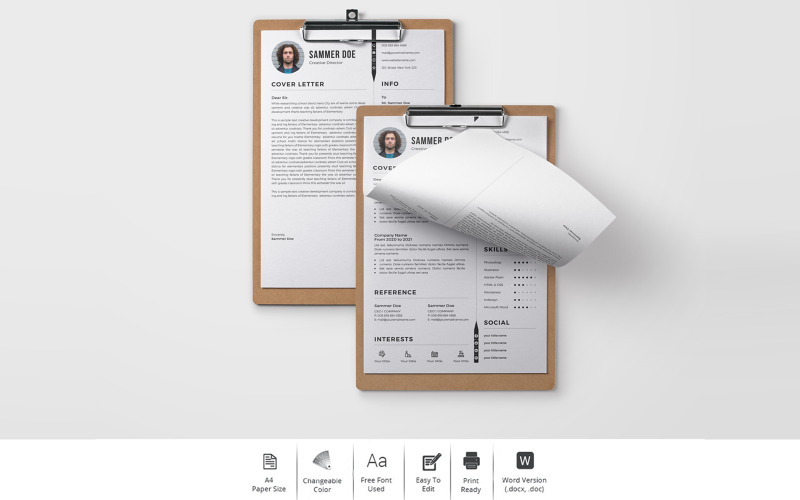 Sammer Doe - czysty projekt CV dla dyrektora kreatywnego szablonów CV do wydrukowania