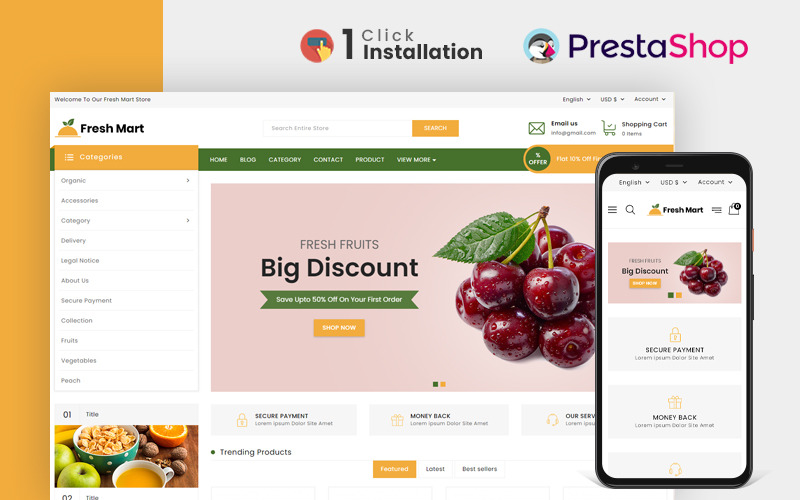 FreshMart Organic & Livsmedelsbutik Prestashop Theme