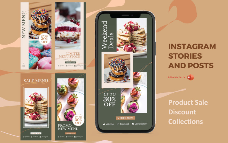 Modelo de mídia social do PowerPoint para histórias e postagens do Instagram - Coleção de promoção de padaria