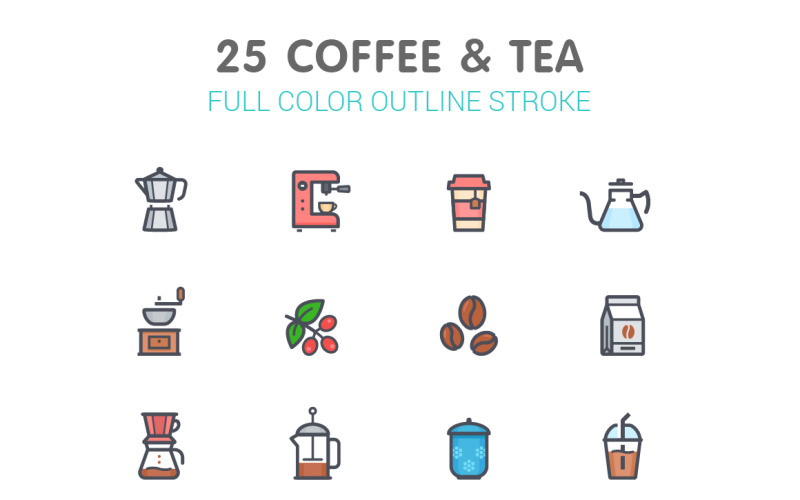 Linha de café e chá com modelo de conjunto de ícones coloridos