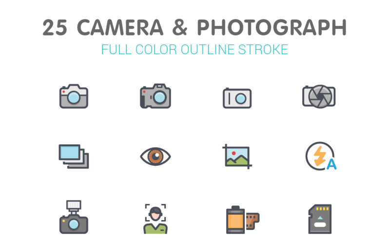Linha de câmera com modelo de conjunto de ícones de cores