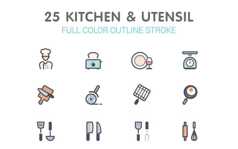 Linha de utensílios e utensílios de cozinha com modelo de conjunto de ícones coloridos