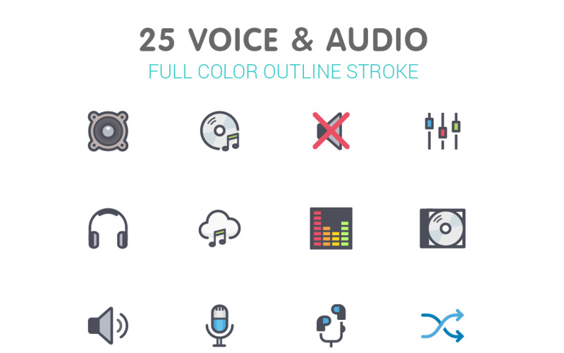 Linha de voz e áudio com modelo de conjunto de ícones de cores