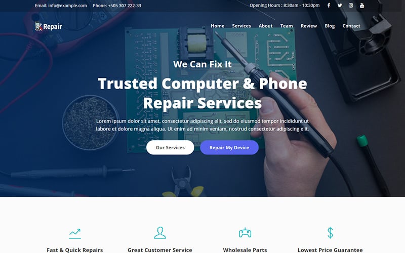 Reparar - Modelo de página inicial de reparo de computador e telefone