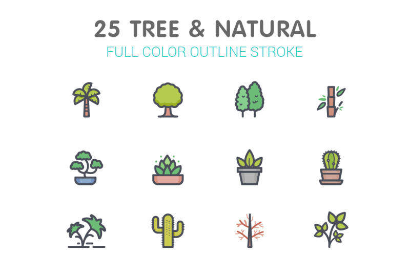 Träd & naturlig linje med färgikoner-mall