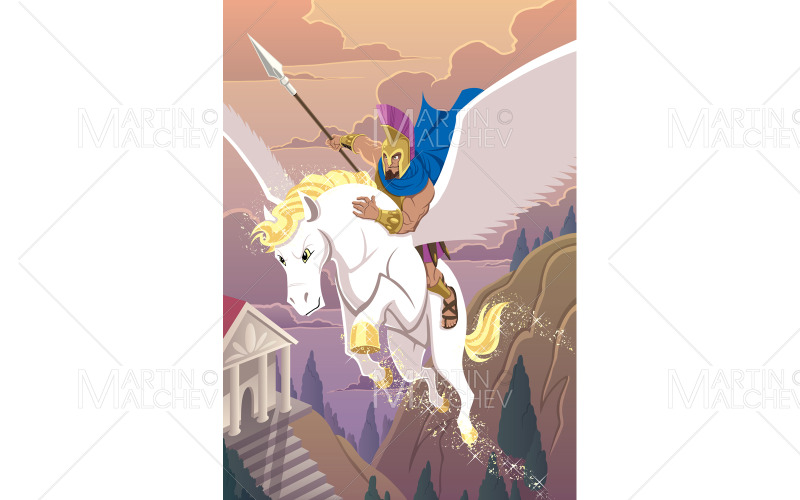 Ilustración del héroe griego Belerofonte y Pegaso
