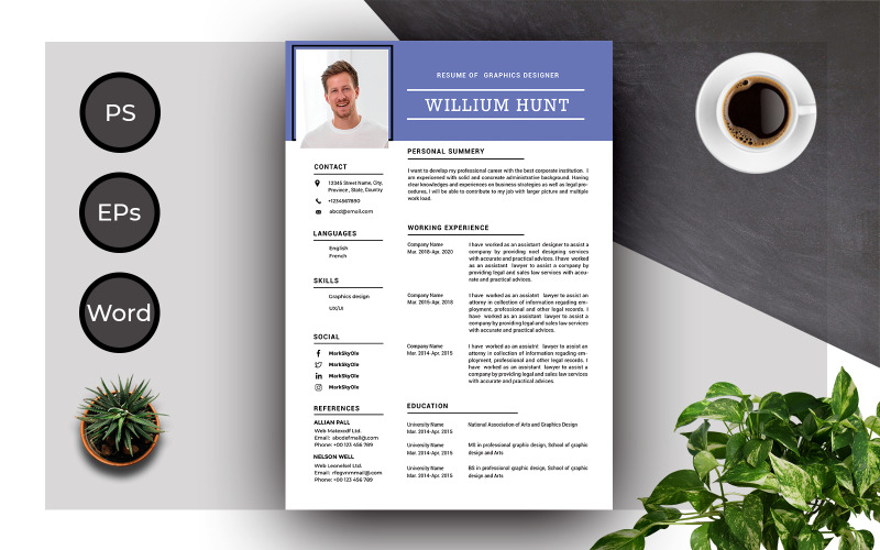 DARMOWY szablon CV CV Czysty i kreatywny profesjonalista Willium Hunt