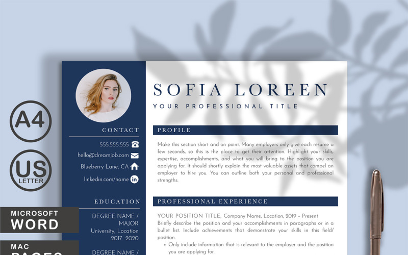 Editable Resume Template, Resume Template Word & Pages, Resume with Photo