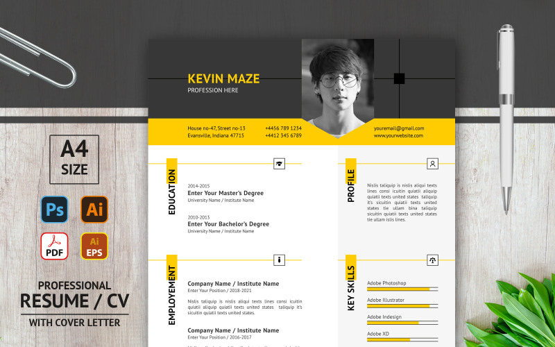 Kevin Maze - svart och gult - Utskrivbar CV-mall