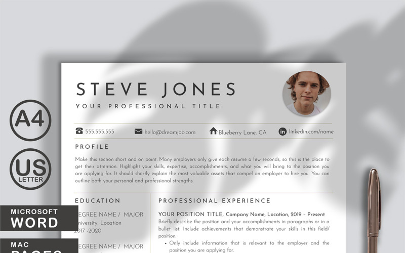 Modèle de CV Steve Jones Word et pages avec photo