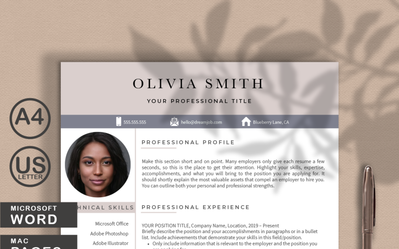 Modello di CV per curriculum moderno di Olivia Smith per PAROLE e PAGINE