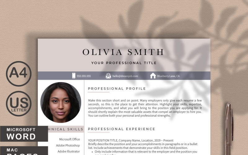 Plantilla de currículum vitae moderno de Olivia Smith para PALABRAS y PÁGINAS
