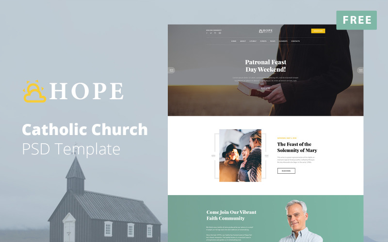 Speranza gratuita - Layout del sito Web PSD del modello PSD della chiesa cattolica