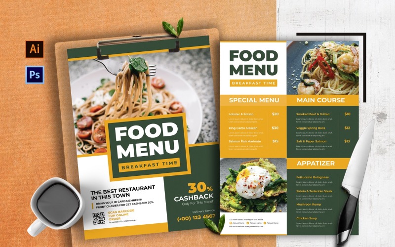 Breakfast Time Food Menu Print Template - TemplateMonster