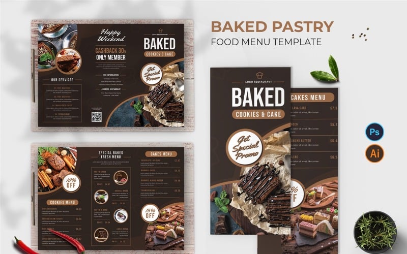 Gebakken gebak eten menu afdruksjabloon