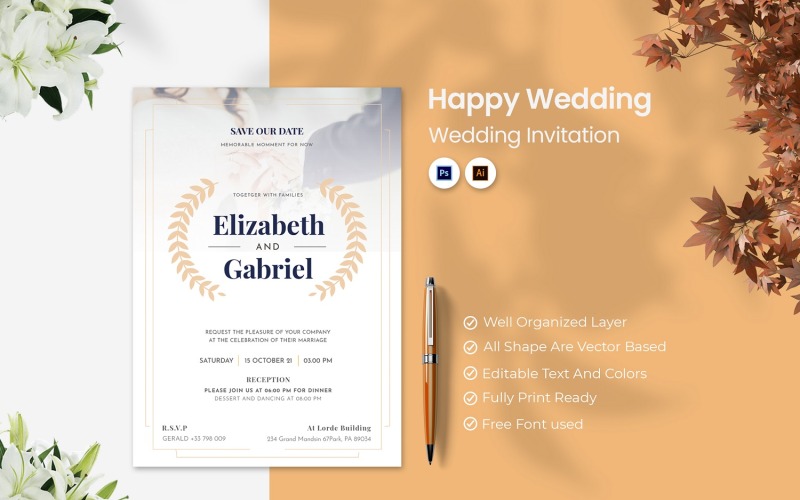 Plantilla de impresión de invitación de boda feliz