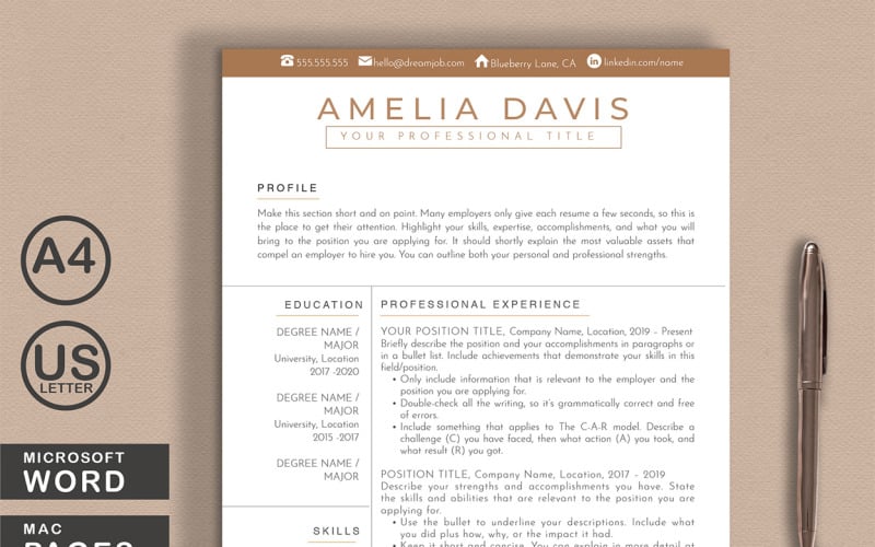 Amelia Resume Template Word + Oldalak