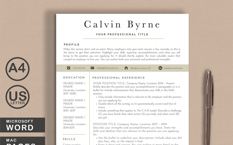Шаблоны резюме для печати Calvin Word Pages