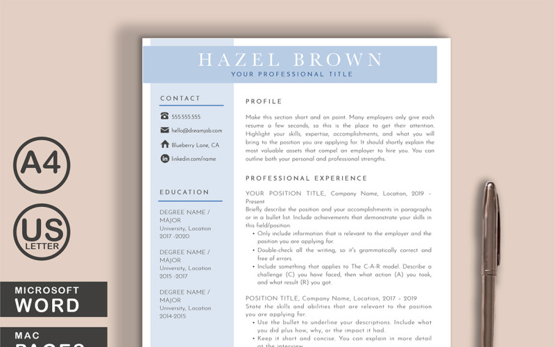 Szablony CV do wydrukowania Hazel Word Pages
