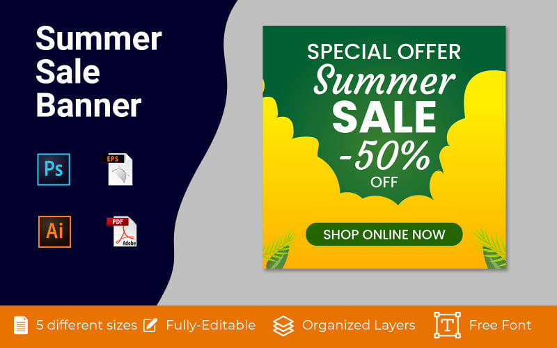 Conception de bannière d'annonce Web de réduction de vente d'été