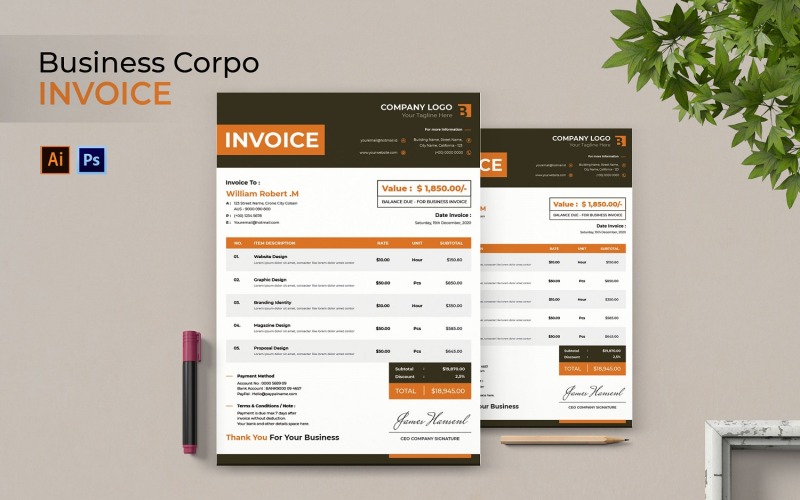 Modèle d'impression de facture d'entreprise Corpo