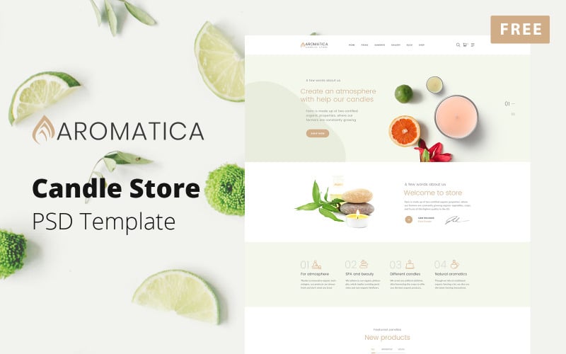 Aromatica – безкоштовні шаблони веб-сайту магазину свічок, макет PSD