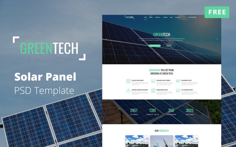 Maqueta de sitio web de panel solar - Plantilla PSD gratuita