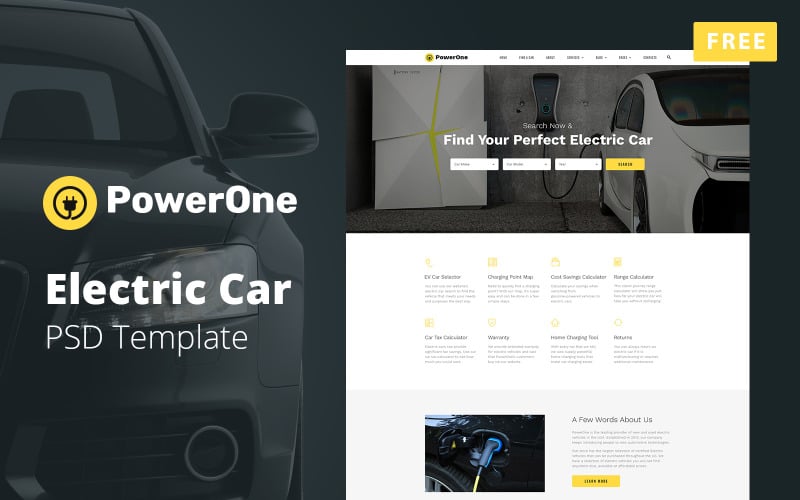 Powerone - Plantilla PSD de diseño de sitio web de coche eléctrico gratuito
