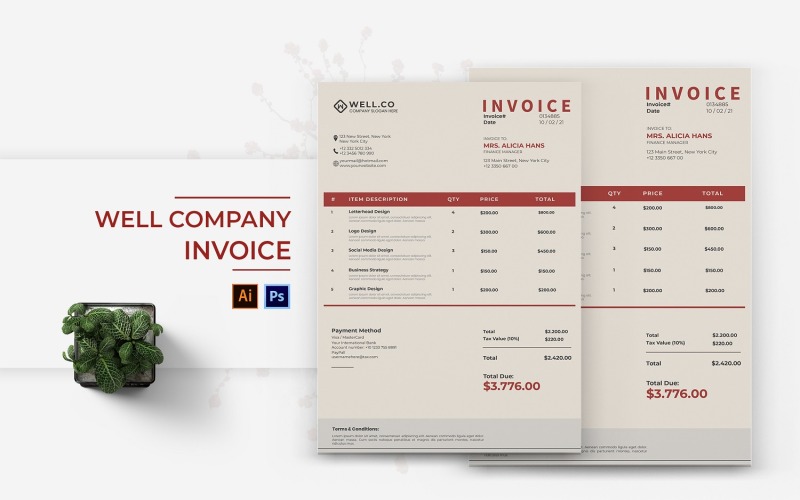 Well Design Invoice Well Company Invoice Print Template #185038 - TemplateMonster