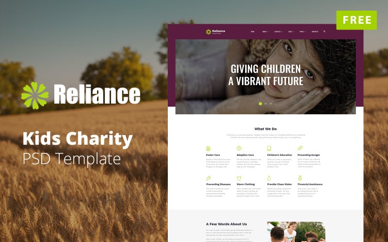 Reliance - PSD шаблон бесплатного детского благотворительного веб-сайта Mockup