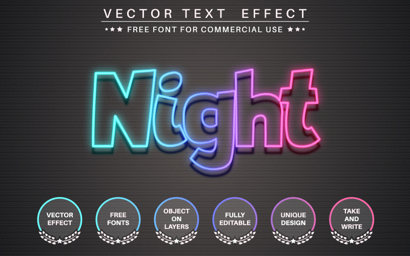 Night Neon: efecto de texto editable, estilo de fuente, ilustración gráfica