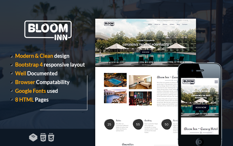 Bloom Inn | Modèle de site Web d'hôtel, de restaurant et de complexe