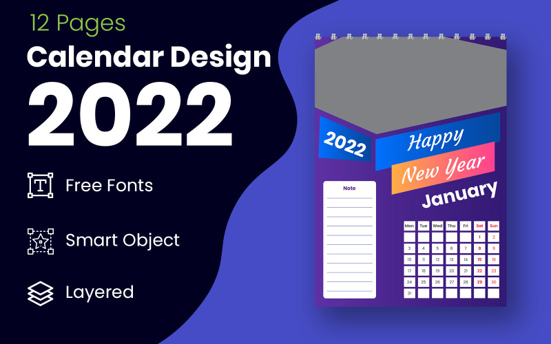 Neujahr 2022 Blau & Schwarz Kalender Design Vorlage Vector Planner