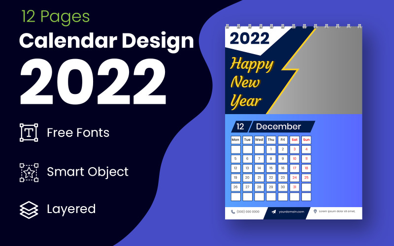 Новий рік 2022 синьо-чорний календар планувальник дизайну календаря