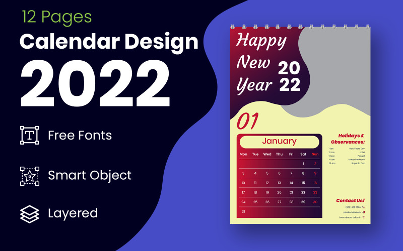 Red & Black 2022 Calendario Planner Design Template Vector