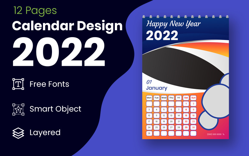 Stile geometrico Red & Black 2022 Calendar Design Template Vector Planner